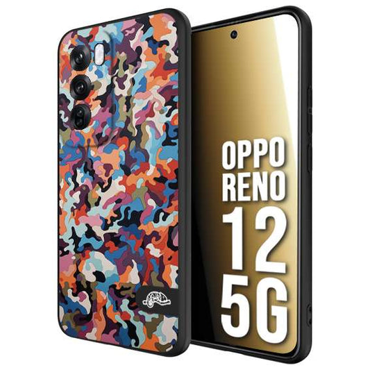 CUSTOMIZZA - Custodia cover nera morbida in tpu compatibile per Oppo Reno 12 5G camouflage mimetico militare moderno blu arancio rosa