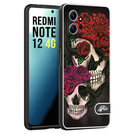 CUSTOMIZZA - Custodia cover nera morbida in tpu compatibile per Xiaomi Redmi Note 12 4G teschi e rose rosse fucsia skull and roses