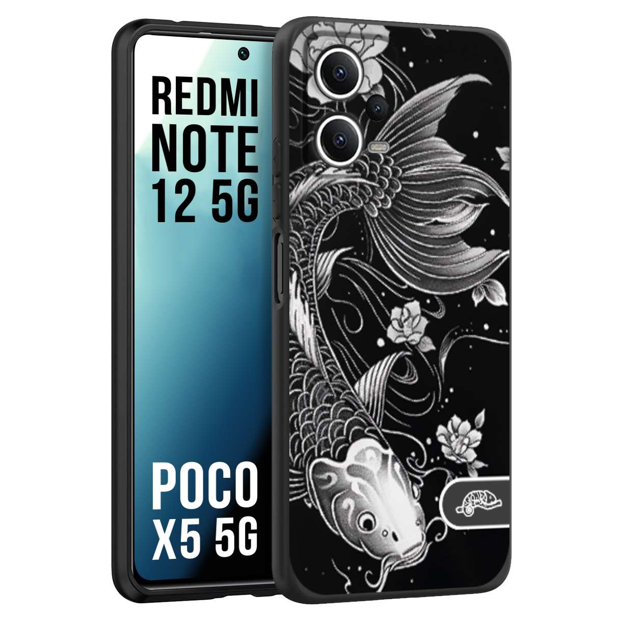 CUSTOMIZZA - Custodia cover nera morbida in tpu compatibile per Xiaomi Redmi Note 12 - POCO X5 5G carpa koi black and white bianco a rilievo disegnato tattoo tatuaggio