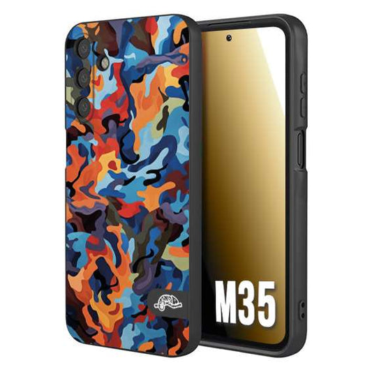 CUSTOMIZZA - Custodia cover nera morbida in tpu compatibile per Samsung M35 camouflage mimetico militare moderno blu arancio rosso