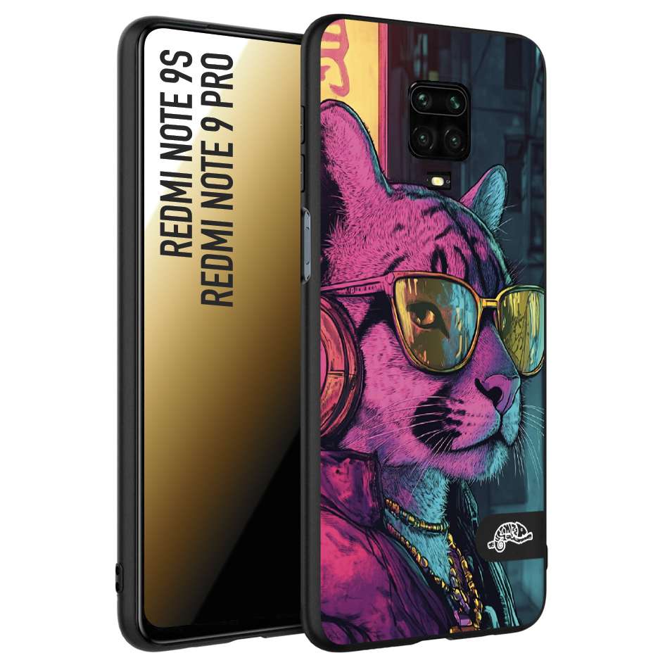CUSTOMIZZA - Custodia cover nera morbida in tpu compatibile per Xiaomi Redmi Note 9S - Note 9 PRO animali cyberpunk pantera street cat fucsia blu giallo