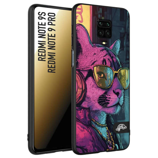 CUSTOMIZZA - Custodia cover nera morbida in tpu compatibile per Xiaomi Redmi Note 9S - Note 9 PRO animali cyberpunk pantera street cat fucsia blu giallo