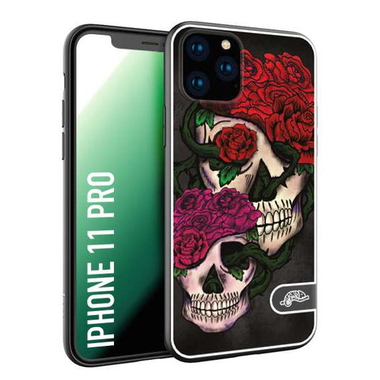 CUSTOMIZZA - Custodia cover nera morbida in tpu compatibile per iPhone 11 PRO teschi e rose rosse fucsia skull and roses