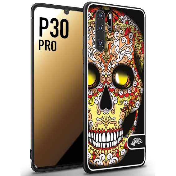 CUSTOMIZZA - Custodia cover nera morbida in tpu compatibile per Huawei P30 PRO teschio messicano Mexican skull giallo rosso arancio