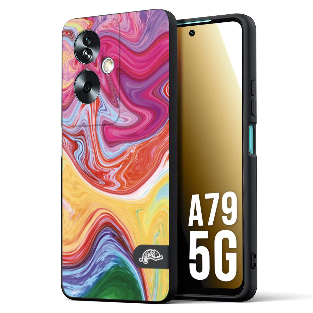 CUSTOMIZZA - Custodia cover nera morbida in tpu compatibile per Oppo A79 5G colorata fantasia vortice marmo onde verde fucsia gialla