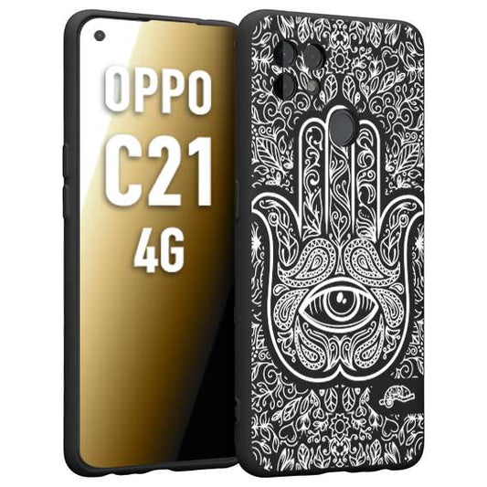 CUSTOMIZZA - Custodia cover nera morbida in tpu compatibile per Realme C21 4G mano di fatima effetto rilievo mandala donna