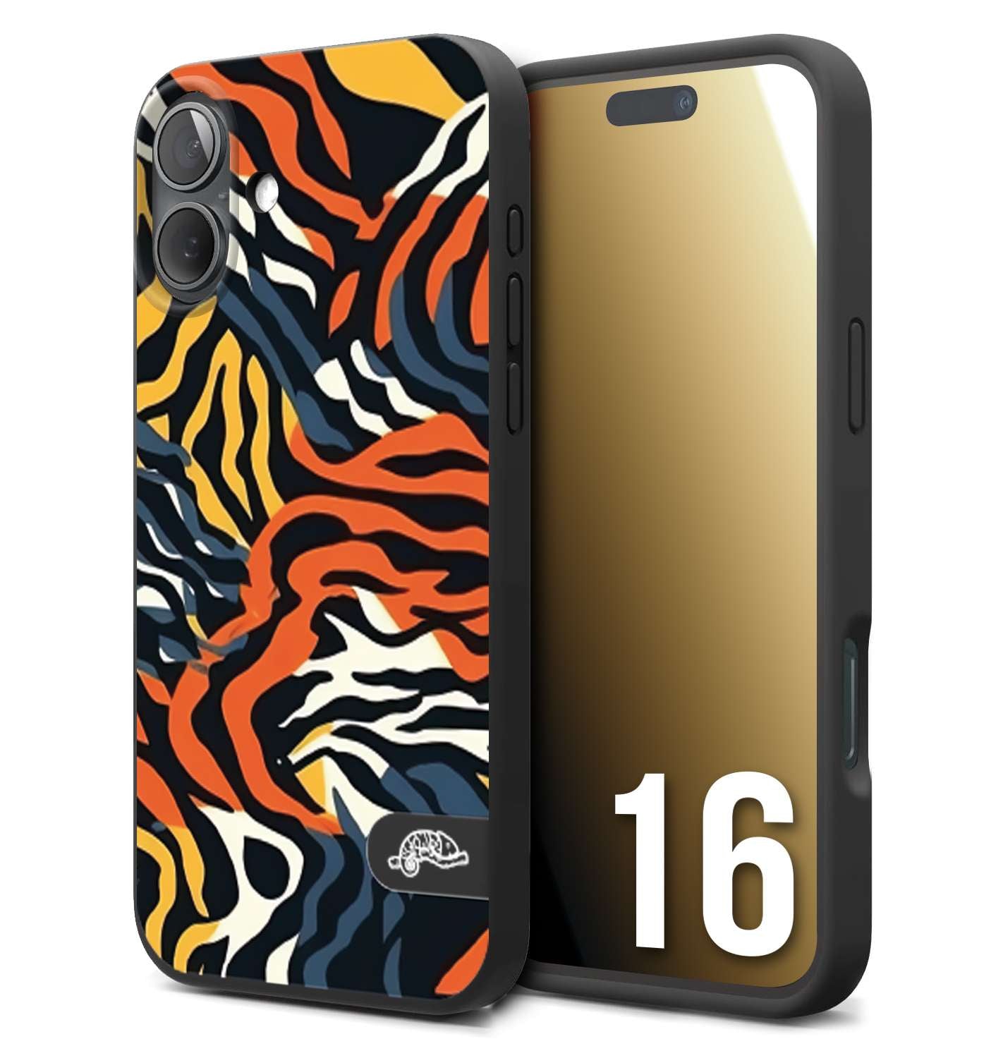 CUSTOMIZZA - Custodia cover nera morbida in tpu compatibile per iPhone 16 leopardato maculato tigrato tiger colorata gialla blu arancio