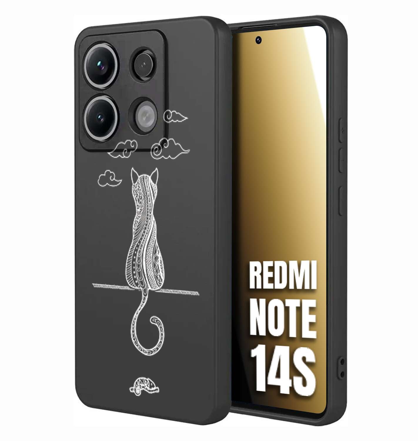 CUSTOMIZZA - Custodia cover nera morbida in tpu compatibile per Xiaomi Redmi Note 14S gatto mandala stilizzato gattino a rilievo soft touch donna bianca