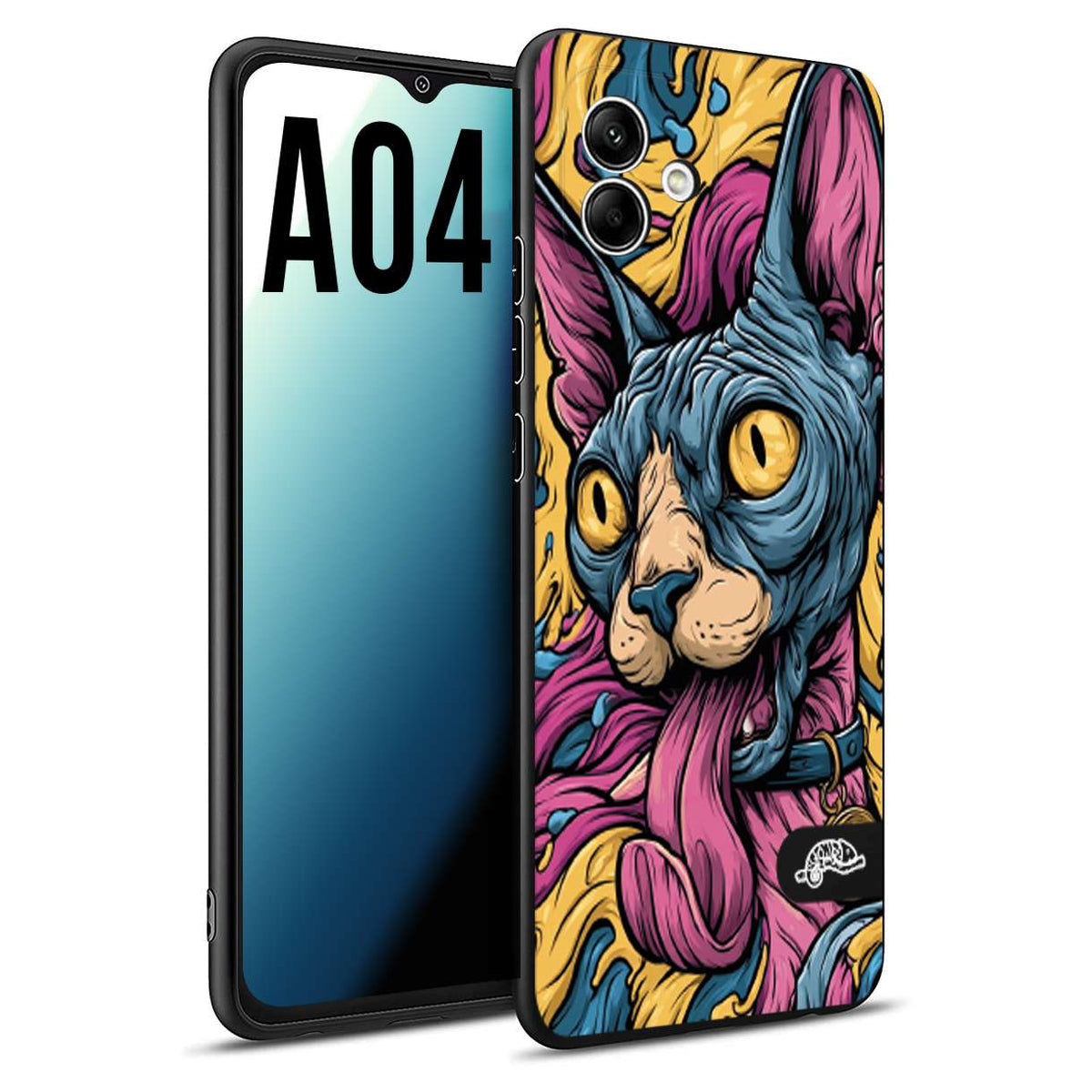 CUSTOMIZZA - Custodia cover nera morbida in tpu compatibile per Samsung A04 Sphynx Colorato Pop Art Psichedelico Gatto Blu Rosa Giallo Artistica Fantasy