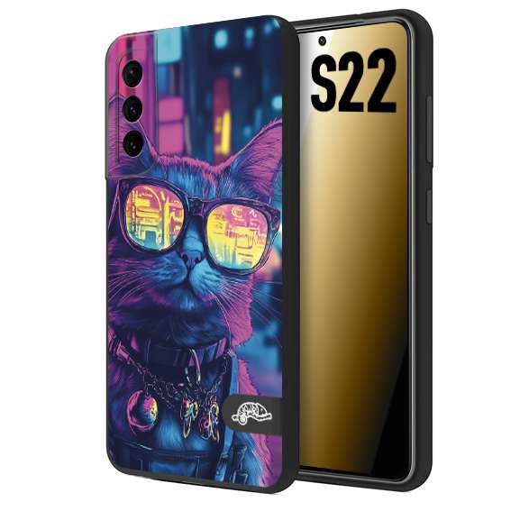 CUSTOMIZZA - Custodia cover nera morbida in tpu compatibile per Samsung S22 animali cyberpunk gatto street cat fucsia blu giallo