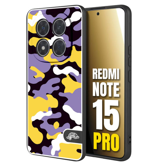 CUSTOMIZZA - Custodia cover nera morbida in tpu compatibile per Xiaomi Redmi Note 15 PRO camouflage mimetico militare viola lilla giallo