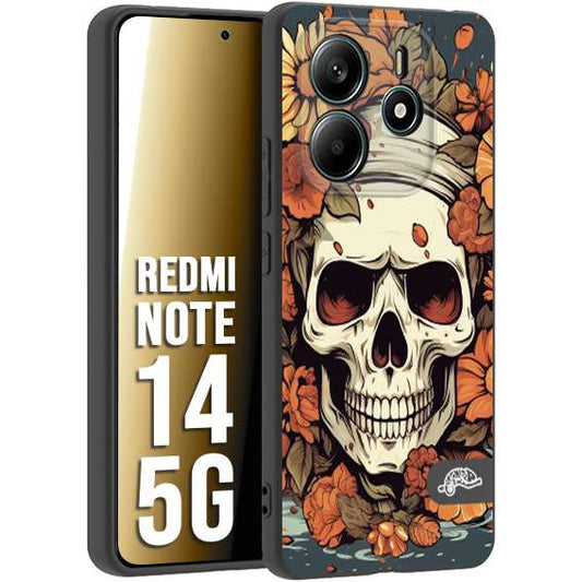CUSTOMIZZA - Custodia cover nera morbida in tpu compatibile per Xiaomi Redmi Note 14 5G teschio skull flowers fiori tattoo disegnato alta definizione
