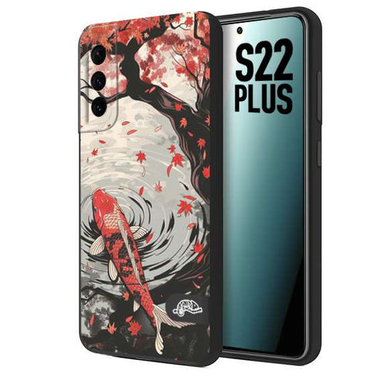 CUSTOMIZZA - Custodia cover nera morbida in tpu compatibile per Samsung S22 PLUS giapponese lago carpa koi rossa con foglie d'acero rosso disegnata tattoo