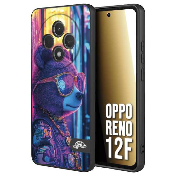 CUSTOMIZZA - Custodia cover nera morbida in tpu compatibile per Oppo Reno 12F animali cyberpunk orsetto orso street bear fucsia blu night