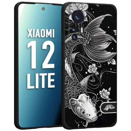 CUSTOMIZZA - Custodia cover nera morbida in tpu compatibile per Xiaomi 12 LITE carpa koi black and white bianco a rilievo disegnato tattoo tatuaggio