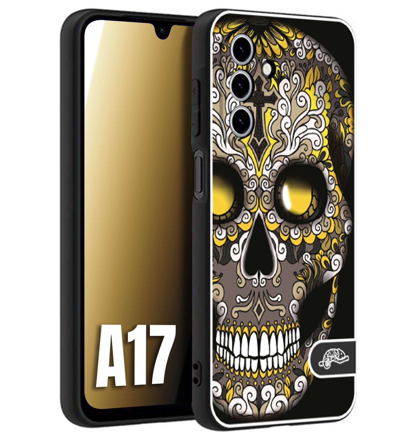 CUSTOMIZZA - Custodia cover nera morbida in tpu compatibile per Samsung A17 teschio messicano Mexican skull nero giallo