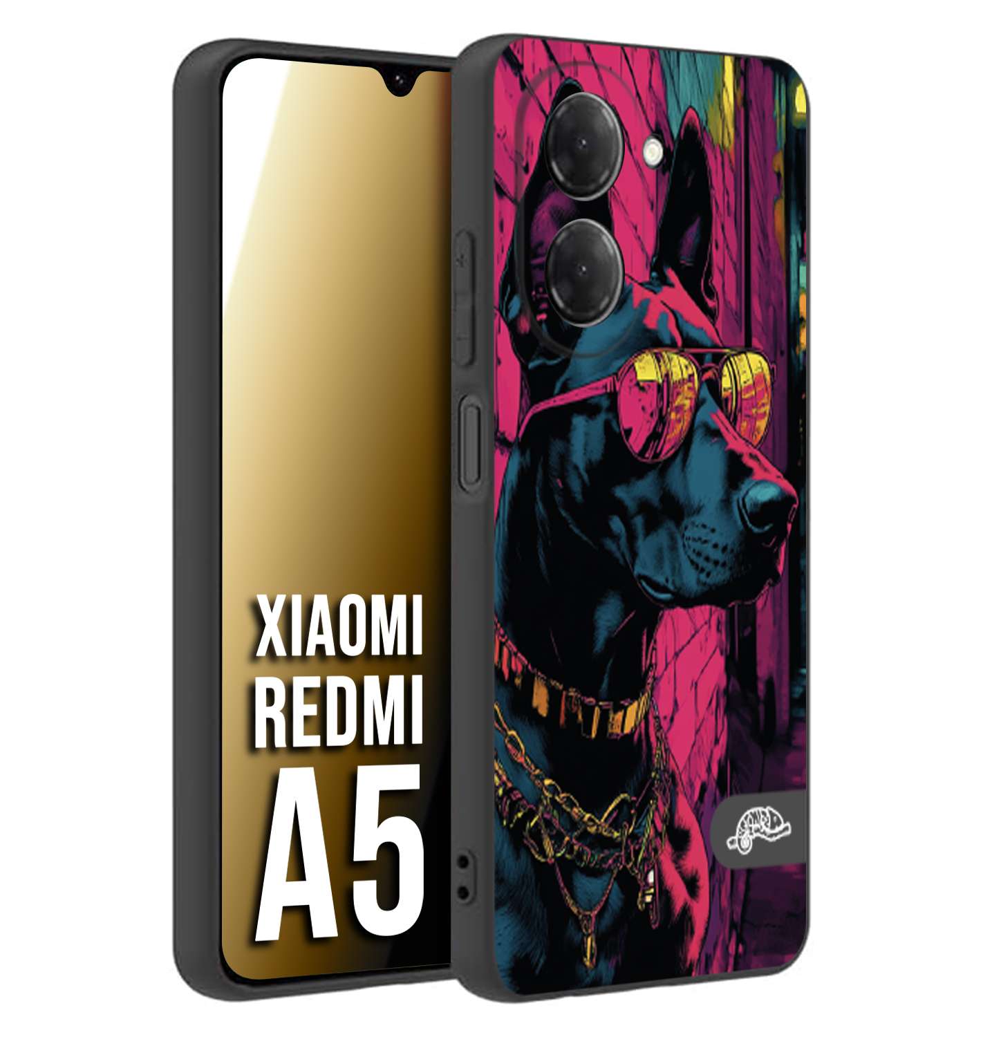 CUSTOMIZZA - Custodia cover nera morbida in tpu compatibile per Xiaomi Redmi A5 animali cyberpunk dobermann cane street dog fucsia blu