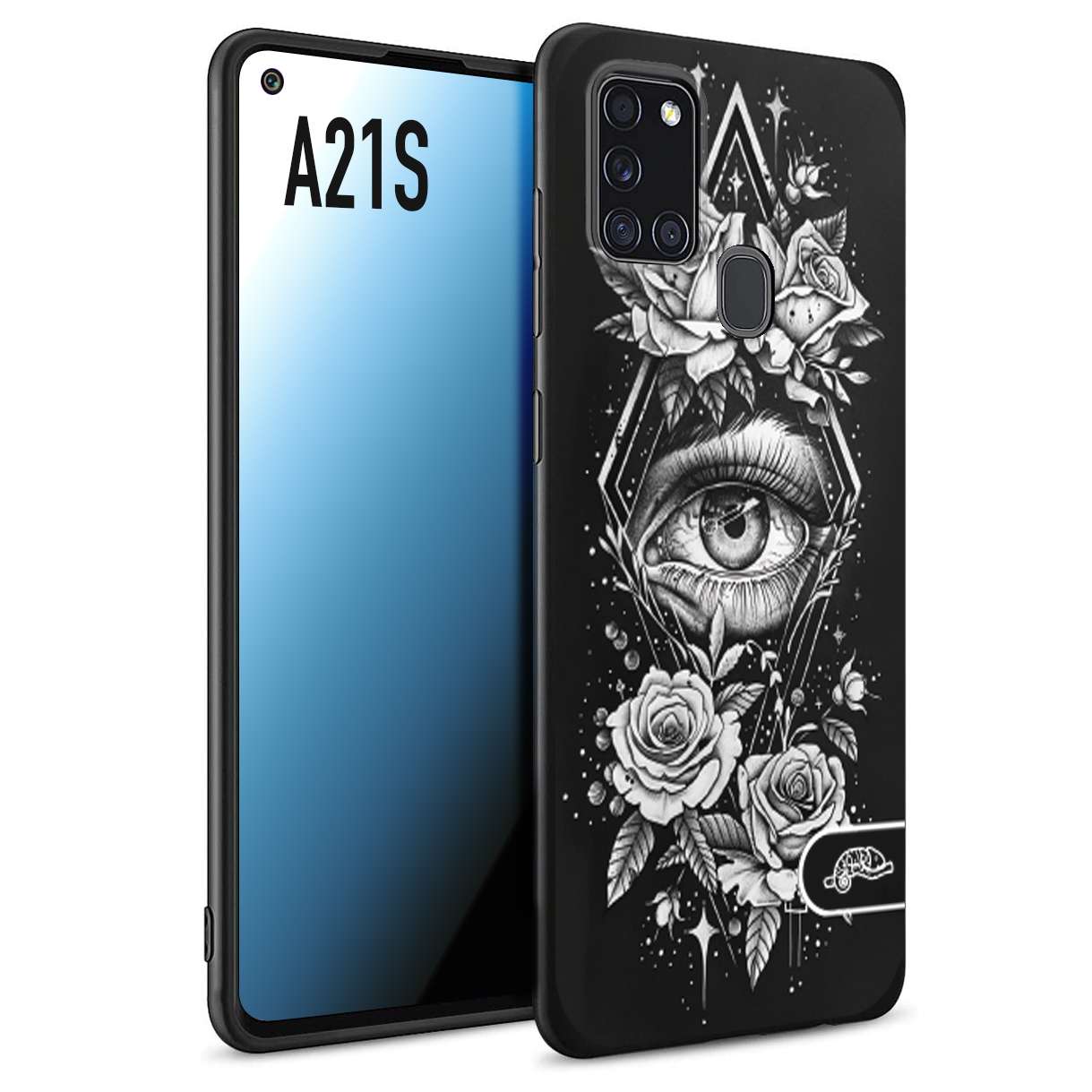 CUSTOMIZZA - Custodia cover nera morbida in tpu compatibile per Samsung A21S occhio fiori rombo geometrico black and white bianco a rilievo disegnato tattoo tatuaggio