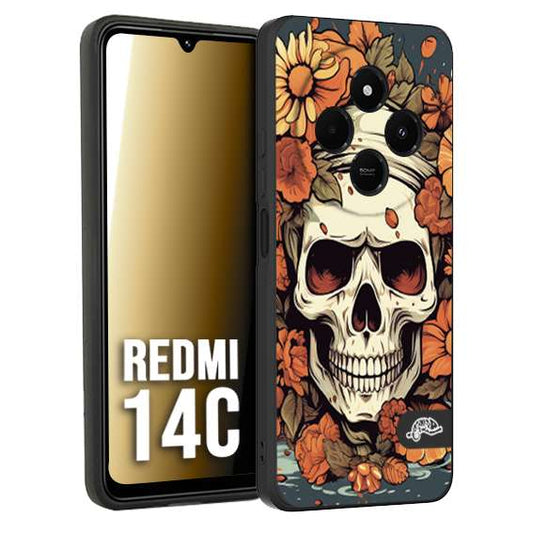 CUSTOMIZZA - Custodia cover nera morbida in tpu compatibile per Xiaomi Redmi 14C teschio skull flowers fiori tattoo disegnato alta definizione