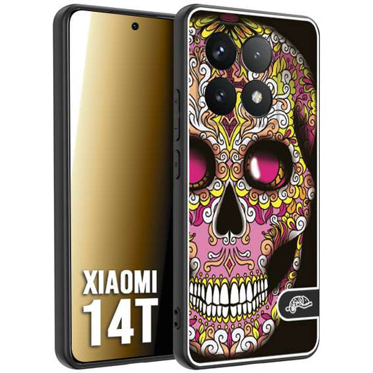 CUSTOMIZZA - Custodia cover nera morbida in tpu compatibile per Xiaomi 14T teschio messicano Mexican skull rosa gialla