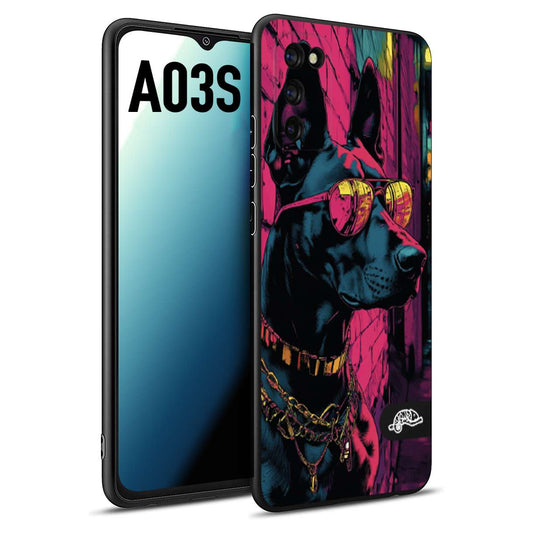 CUSTOMIZZA - Custodia cover nera morbida in tpu compatibile per Samsung A03S animali cyberpunk dobermann cane street dog fucsia blu