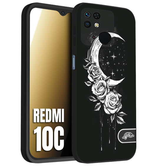 CUSTOMIZZA - Custodia cover nera morbida in tpu compatibile per Xiaomi Redmi 10C luna e fiori moon flowers black and white bianco a rilievo disegnato