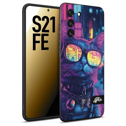 CUSTOMIZZA - Custodia cover nera morbida in tpu compatibile per Samsung S21 FE animali cyberpunk gatto street cat fucsia blu giallo