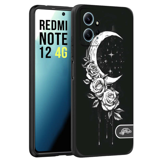 CUSTOMIZZA - Custodia cover nera morbida in tpu compatibile per Xiaomi Redmi Note 12 4G luna e fiori moon flowers black and white bianco a rilievo disegnato tattoo tatuaggio