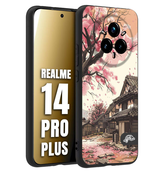 CUSTOMIZZA - Custodia cover nera morbida in tpu compatibile per Realme 14 PRO PLUS casa giapponese rosa ciliegio in fiore disegnata tattoo