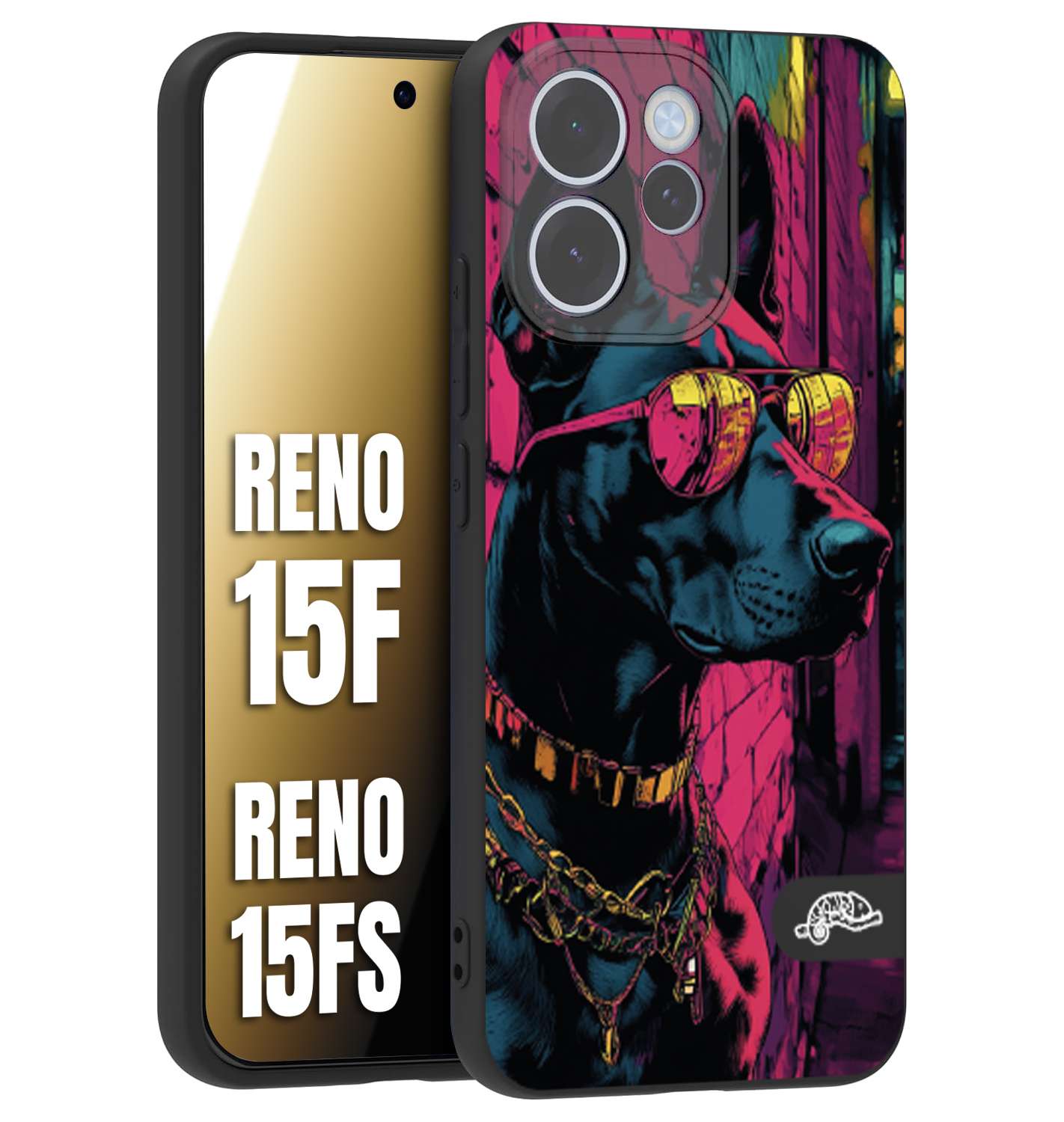 CUSTOMIZZA - Custodia cover nera morbida in tpu compatibile per Oppo Reno 15 F - Reno 15 FS animali cyberpunk dobermann cane street dog fucsia blu