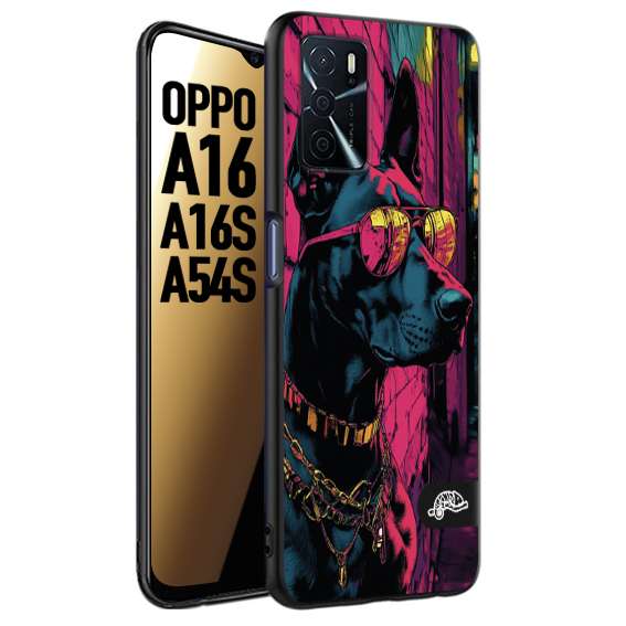 CUSTOMIZZA - Custodia cover nera morbida in tpu compatibile per Oppo A16 - A16S - A54S animali cyberpunk dobermann cane street dog fucsia blu