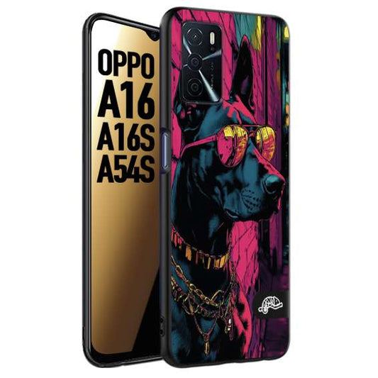 CUSTOMIZZA - Custodia cover nera morbida in tpu compatibile per Oppo A16 - A16S - A54S animali cyberpunk dobermann cane street dog fucsia blu