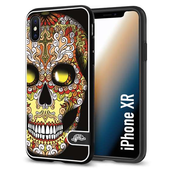 CUSTOMIZZA - Custodia cover nera morbida in tpu compatibile per iPhone Xr teschio messicano Mexican skull giallo rosso arancio