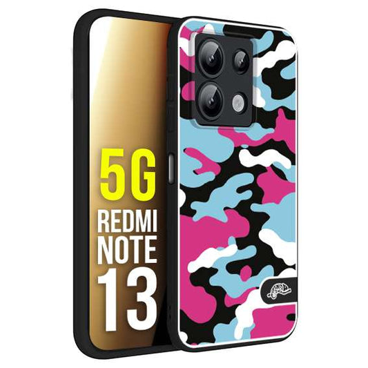 CUSTOMIZZA - Custodia cover nera morbida in tpu compatibile per Xiaomi Redmi Note 13 5G camouflage mimetico militare fucsia celeste