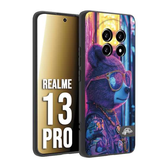 CUSTOMIZZA - Custodia cover nera morbida in tpu compatibile per Realme 13 PRO animali cyberpunk orsetto orso street bear fucsia blu night