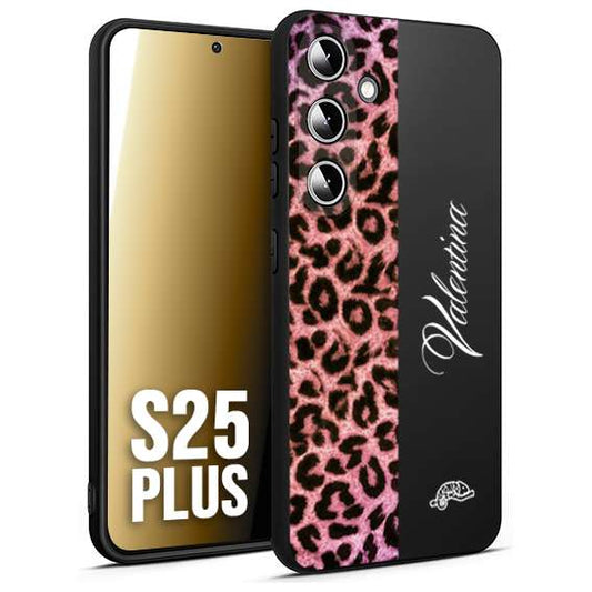 CUSTOMIZZA - Custodia cover nera morbida in tpu compatibile per Samsung S25 PLUS leopardato rosa fucsia personalizzata nome iniziali