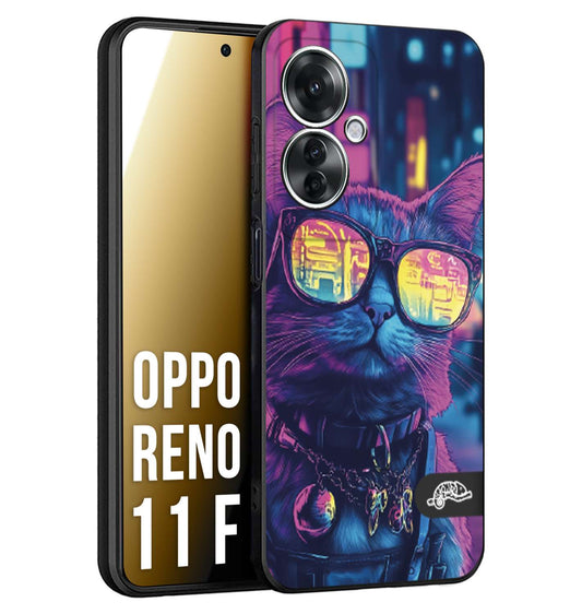 CUSTOMIZZA - Custodia cover nera morbida in tpu compatibile per Oppo Reno 11 F 5G animali cyberpunk gatto street cat fucsia blu giallo