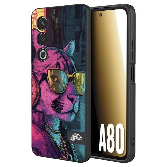 CUSTOMIZZA - Custodia cover nera morbida in tpu compatibile per Oppo A80 animali cyberpunk pantera street cat fucsia blu giallo
