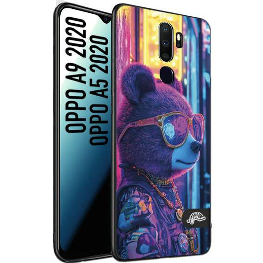 CUSTOMIZZA - Custodia cover nera morbida in tpu compatibile per Oppo A9 2020 - A5 2020 animali cyberpunk orsetto orso street bear fucsia blu night