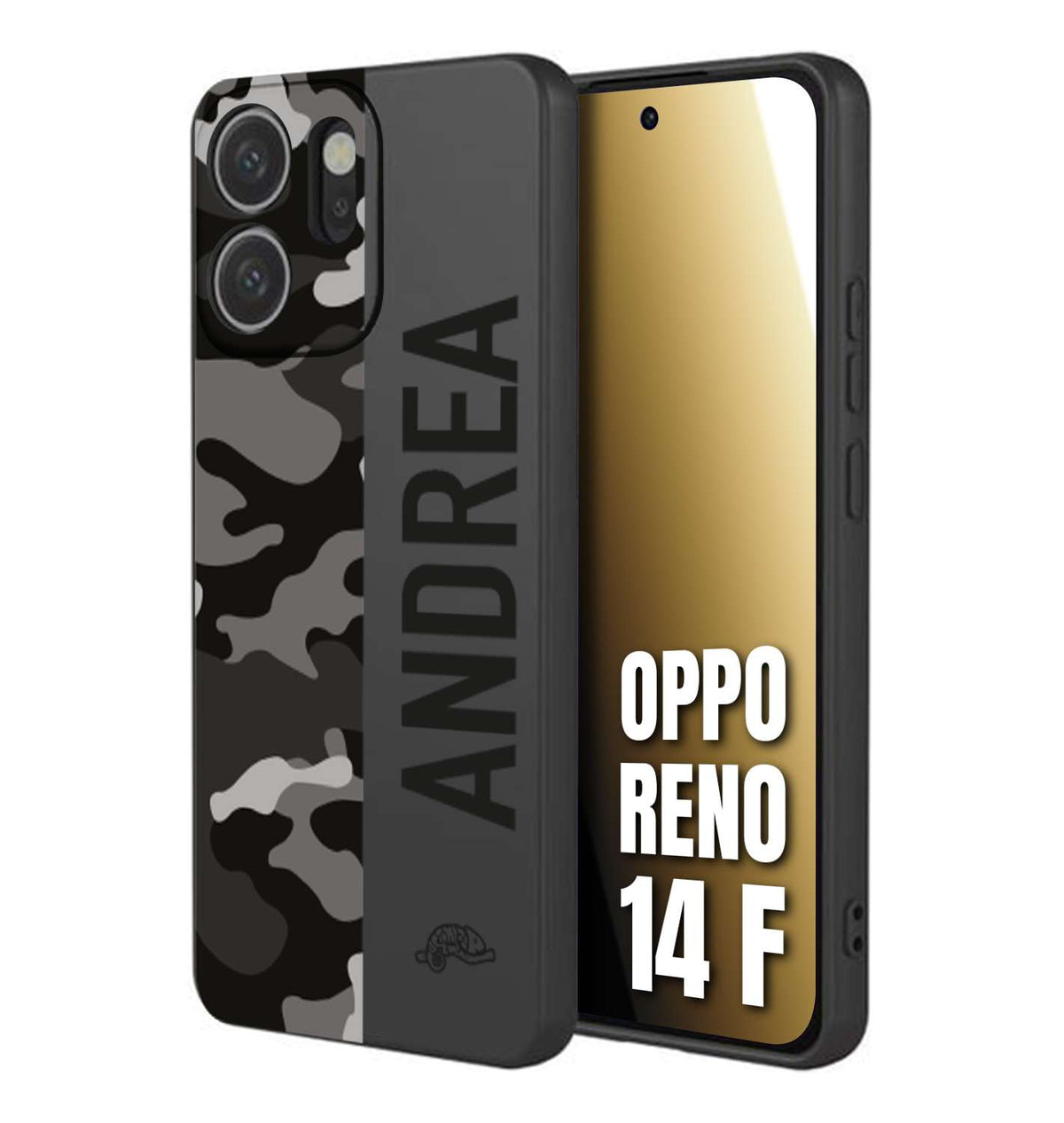CUSTOMIZZA - Custodia cover nera morbida in tpu compatibile per Oppo Reno 14 F camouflage mimetico militare personalizzata nome