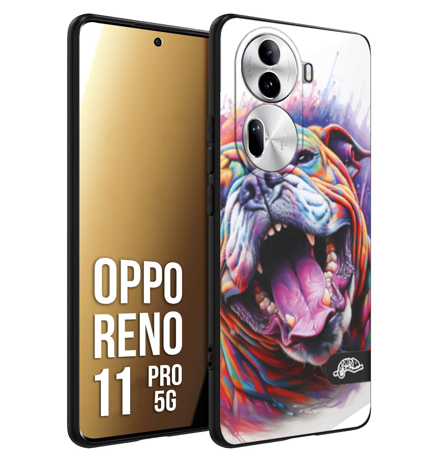 CUSTOMIZZA - Custodia cover nera morbida in tpu compatibile per Oppo Reno 11 PRO 5G animali color bulldog cane dog colori vibranti disegnato schizzo