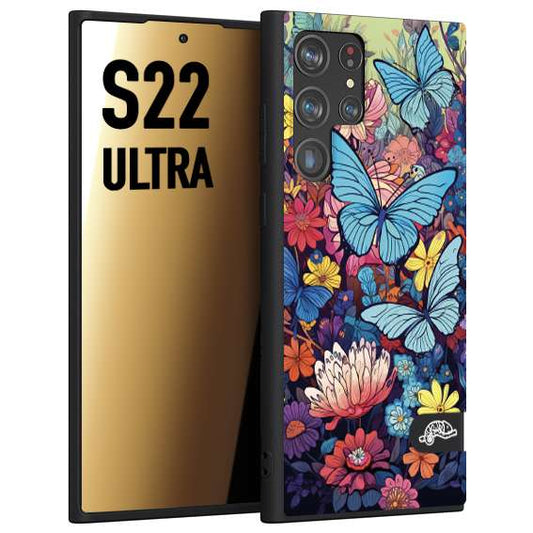 CUSTOMIZZA - Custodia cover nera morbida in tpu compatibile per Samsung S22 ULTRA farfalle butterfly moderno donna disegnate gialla blu rosa