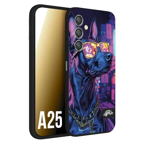 CUSTOMIZZA - Custodia cover nera morbida in tpu compatibile per Samsung A25 animali cyberpunk dobermann cane street dog fucsia blu night