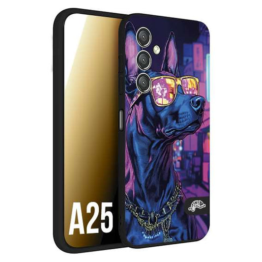 CUSTOMIZZA - Custodia cover nera morbida in tpu compatibile per Samsung A25 animali cyberpunk dobermann cane street dog fucsia blu night