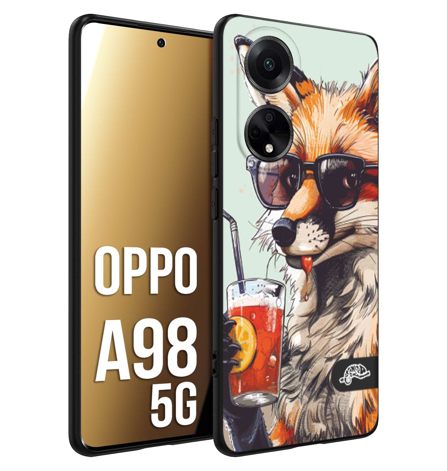 CUSTOMIZZA - Custodia cover nera morbida in tpu compatibile per Oppo A98 5G estate disegnata cocktails animali simpatici fox volpe negroni