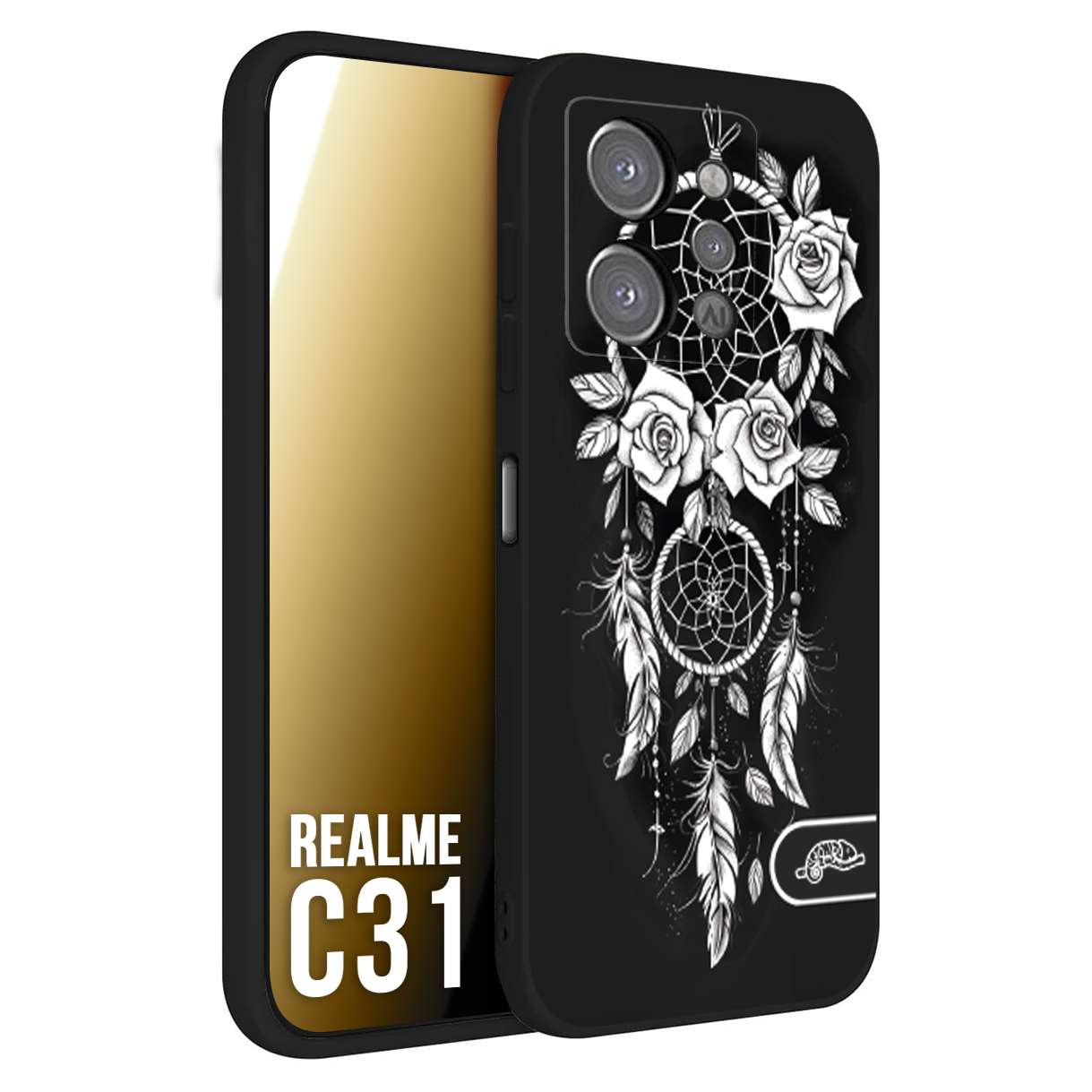 CUSTOMIZZA - Custodia cover nera morbida in tpu compatibile per Oppo Realme C31 acchiappasogni dreamcatcher black and white bianco a rilievo disegnato tattoo tatuaggio