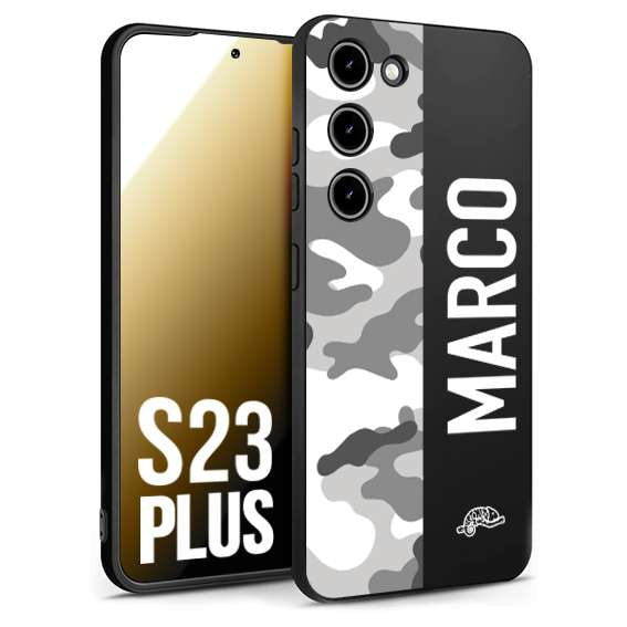 CUSTOMIZZA - Custodia cover nera morbida in tpu compatibile per Samsung S23 PLUS camouflage mimetico militare personalizzata nome bianco