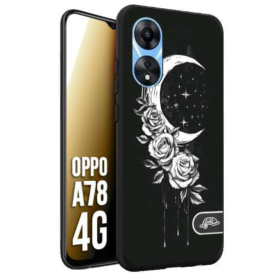 CUSTOMIZZA - Custodia cover nera morbida in tpu compatibile per Oppo A78 4G luna e fiori moon flowers black and white bianco a rilievo disegnato tattoo tatuaggio