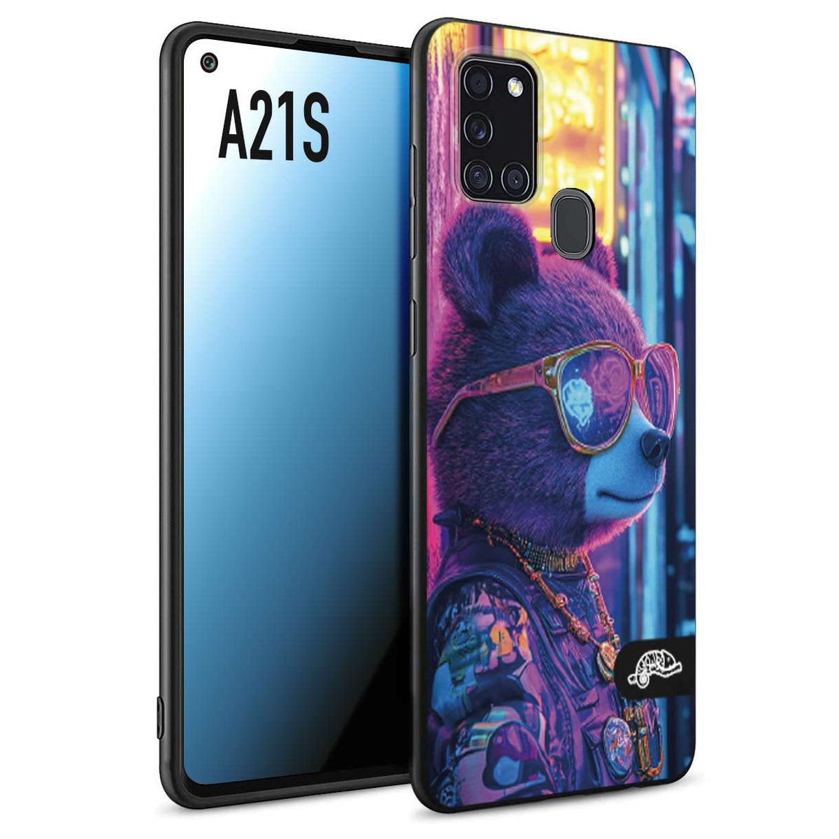 CUSTOMIZZA - Custodia cover nera morbida in tpu compatibile per Samsung A21S animali cyberpunk orsetto orso street bear fucsia blu night