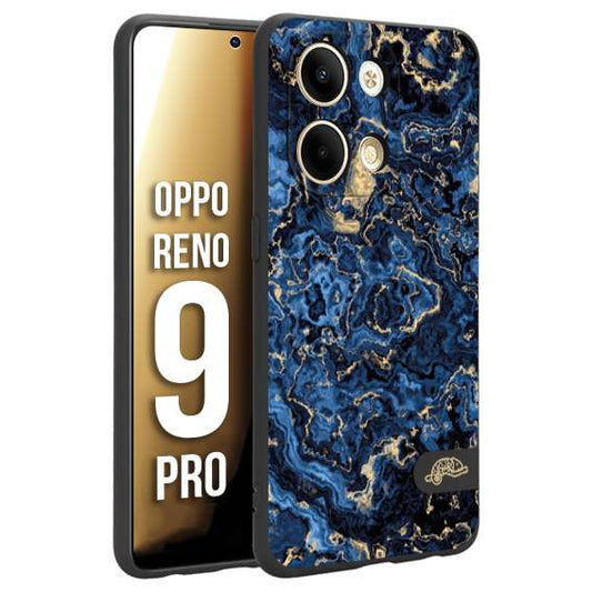 CUSTOMIZZA - Custodia cover nera morbida in tpu compatibile per Oppo Reno 9 PRO effetto marmo marble blu venature dorato psichedelico